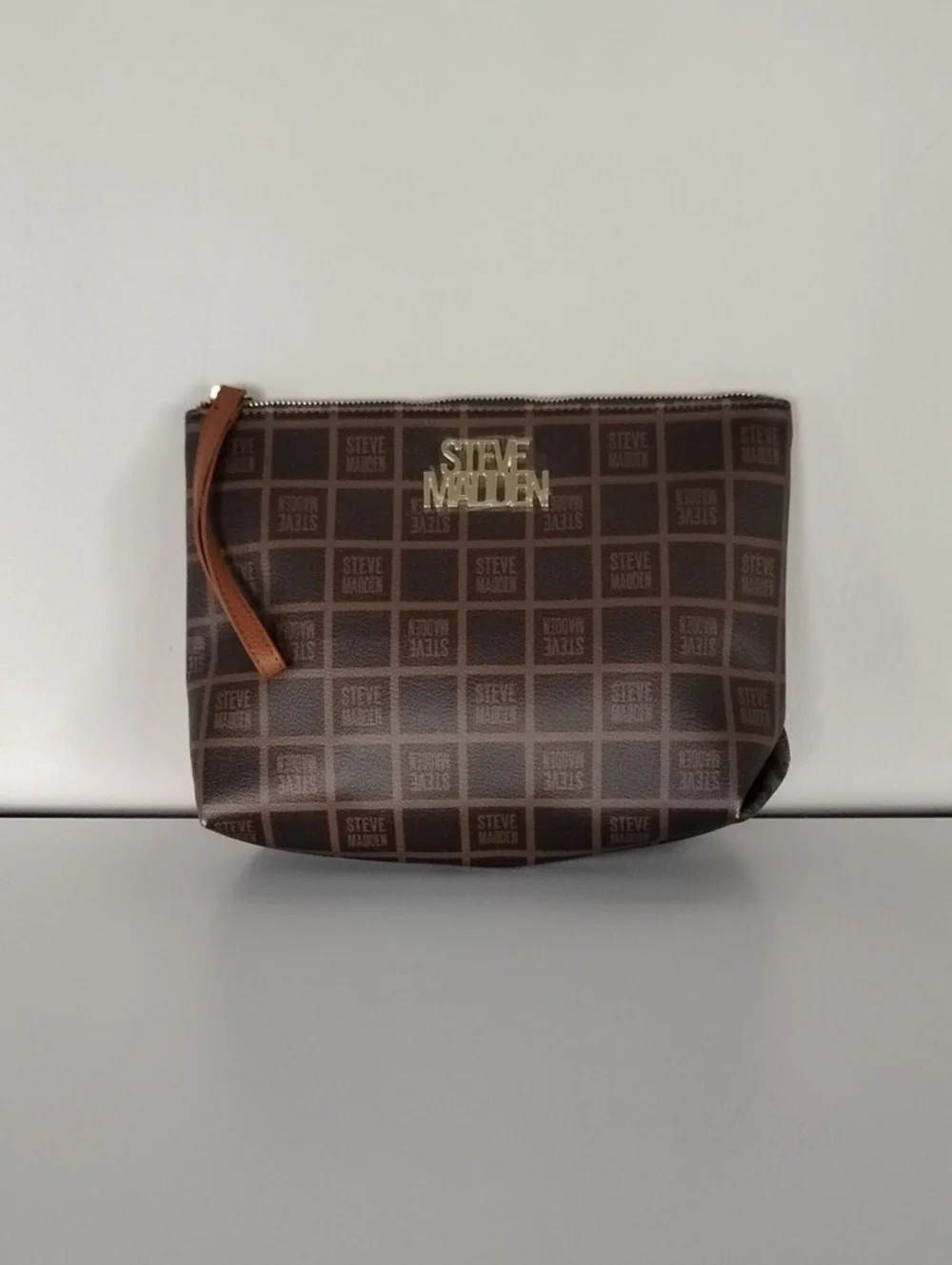 Steve Madden Brown Logo Toiletry Pouch with Wrist Strap